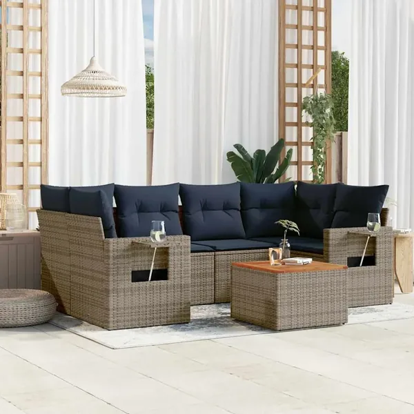Ensemble de canapé de jardin 7 pcs avec coussins gris résine tressée