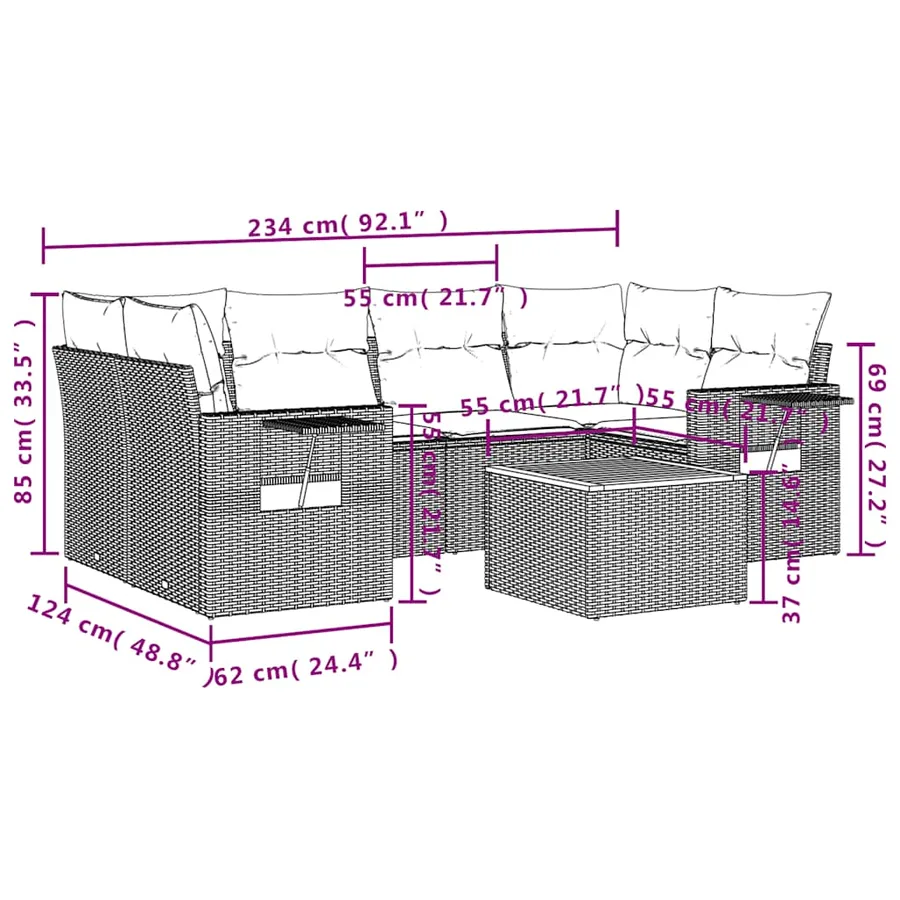 Ensemble de canapé de jardin 7 pcs avec coussins gris résine tressée - 9