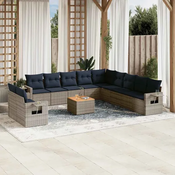 Ensemble de canapé de jardin 12 pcs avec coussins gris résine tressée