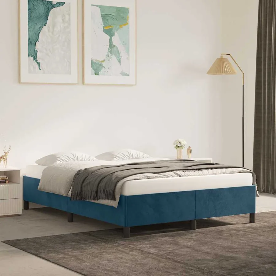 Cadre de lit sans matelas bleu foncé 140x200 cm velours