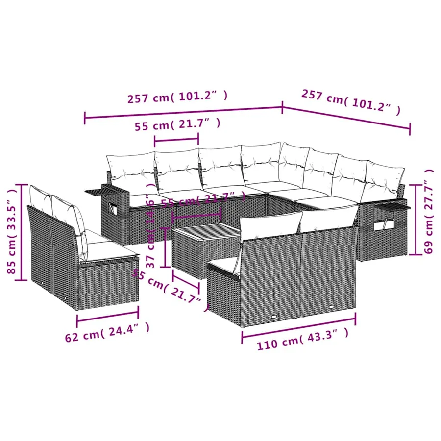Ensemble de canapé de jardin 12 pcs avec coussins gris résine tressée - 9