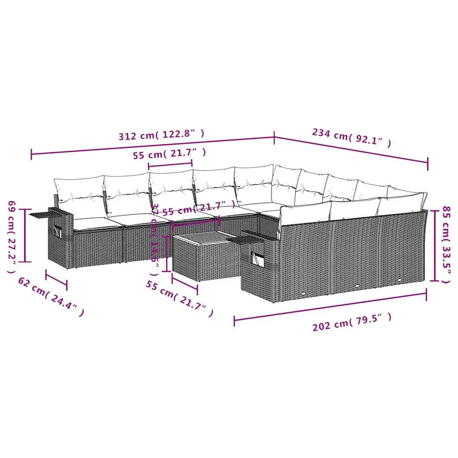 Ensemble de canapé de jardin 12 pcs avec coussins gris résine tressée - 9