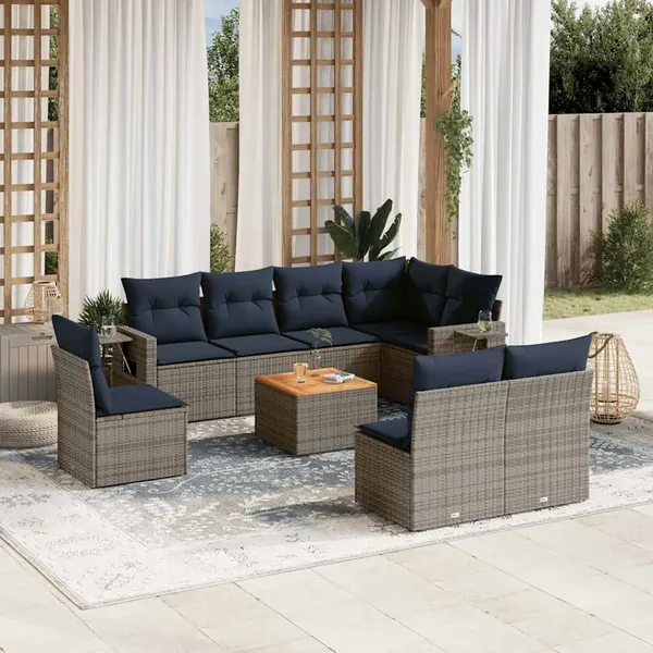 Ensemble de canapé de jardin 9 pcs avec coussins gris résine tressée