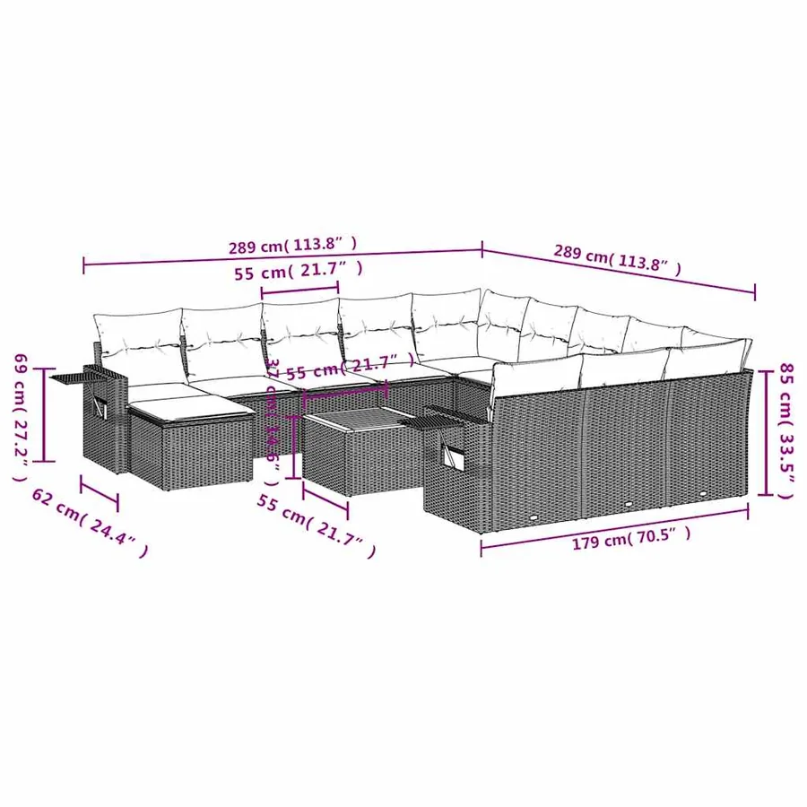 Ensemble de canapé de jardin 13 pcs avec coussins gris résine tressée - 10