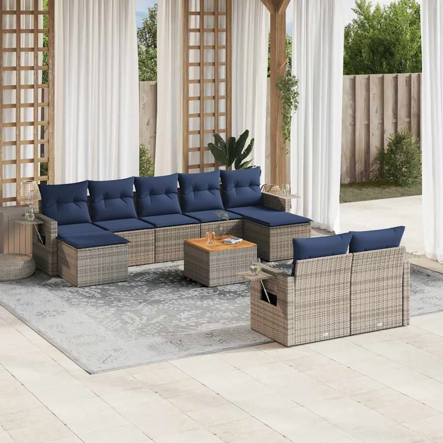 Ensemble de canapé de jardin 10 pcs avec coussins gris résine tressée
