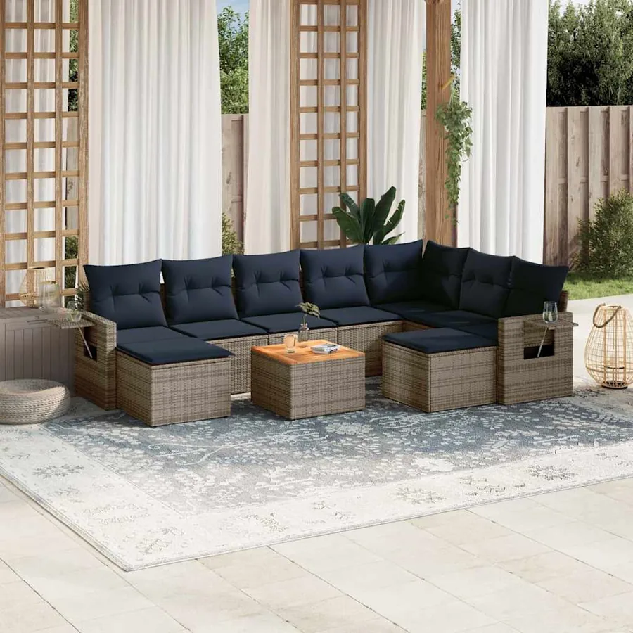 Ensemble de canapé de jardin 10 pcs avec coussins gris résine tressée
