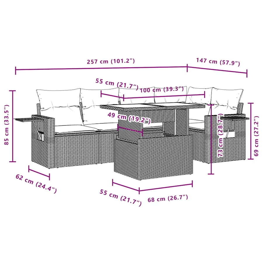 Ensemble de canapé de jardin 6 pcs avec coussins gris résine tressée - 11