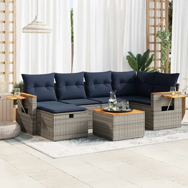 Salon de jardin avec coussins 7 pcs gris résine tressée