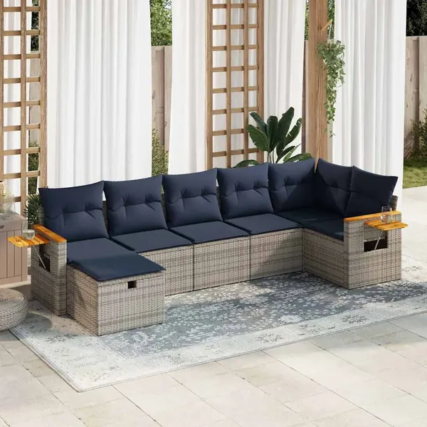 Salon de jardin avec coussins 7 pcs gris résine tressée