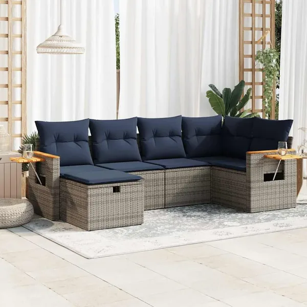 Salon de jardin 6 pcs avec coussins gris résine tressée