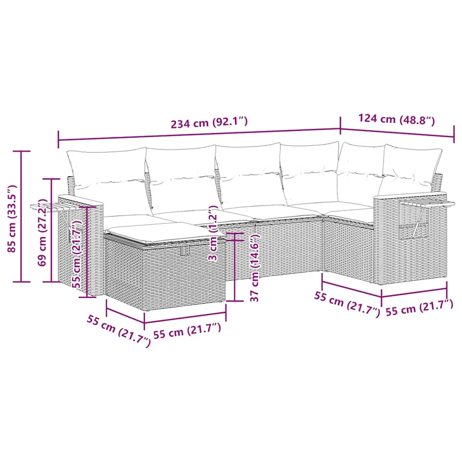 Salon de jardin 6 pcs avec coussins gris résine tressée - 16