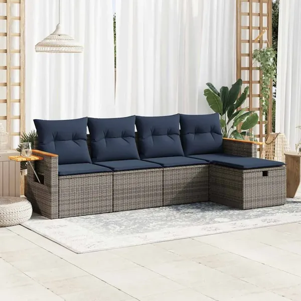 Salon de jardin 5 pcs avec coussins gris résine tressée