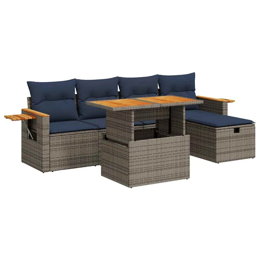 Salon de jardin avec coussins 6 pcs gris résine tressée acacia - 2