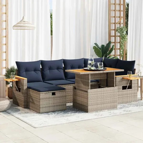 Salon de jardin avec coussins 7 pcs gris résine tressée acacia