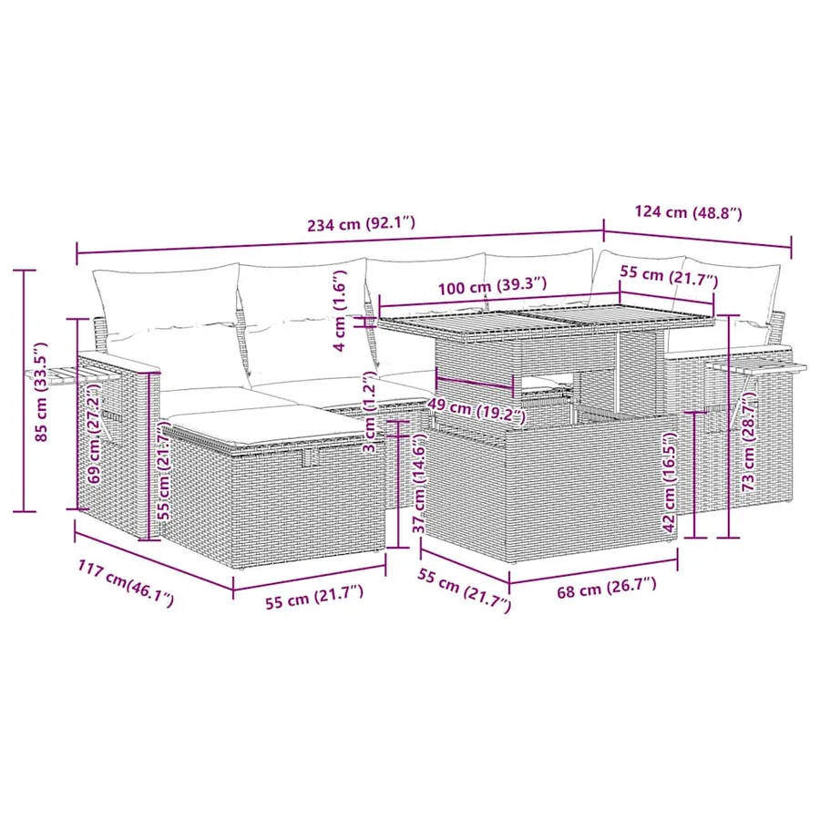 Salon de jardin avec coussins 7 pcs gris résine tressée acacia - 18