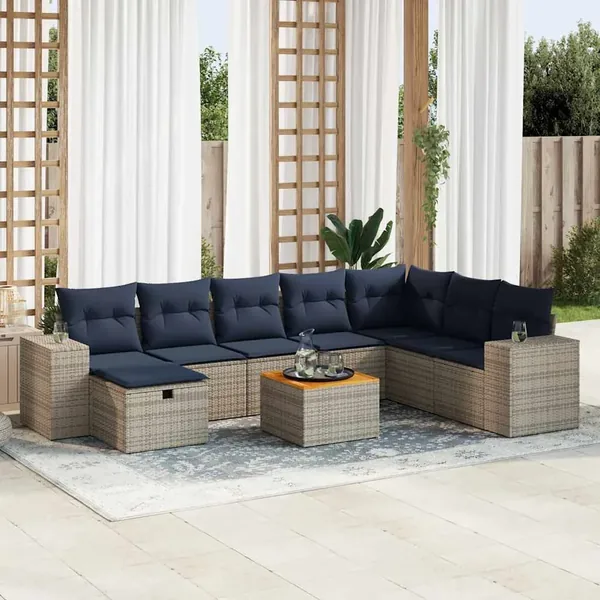 Salon de jardin 9 pcs avec coussins gris résine tressée