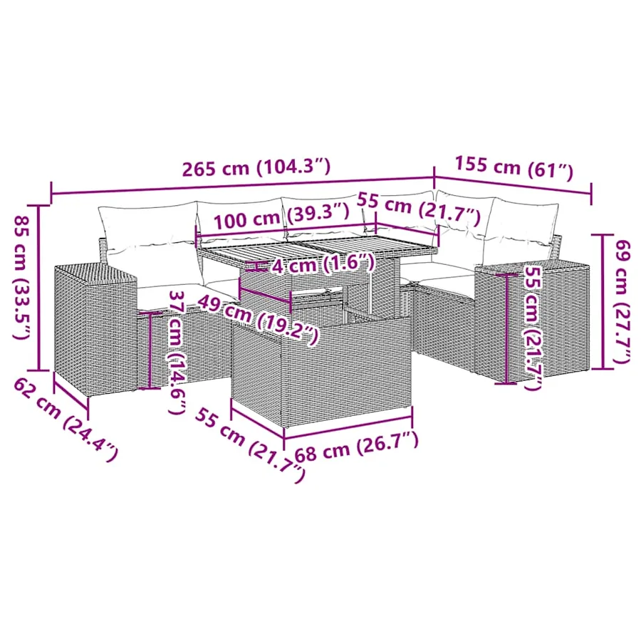 Salon de jardin 6 pcs avec coussins gris résine tressée - 15