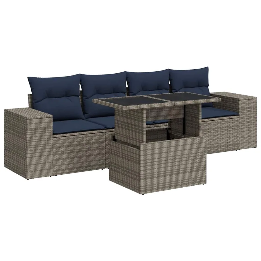 Salon de jardin 5 pcs avec coussins gris résine tressée acacia - 2