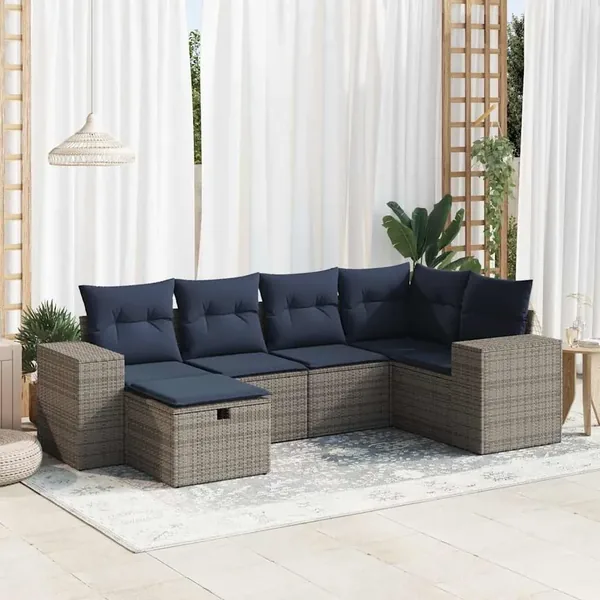 Salon de jardin 6 pcs avec coussins gris résine tressée