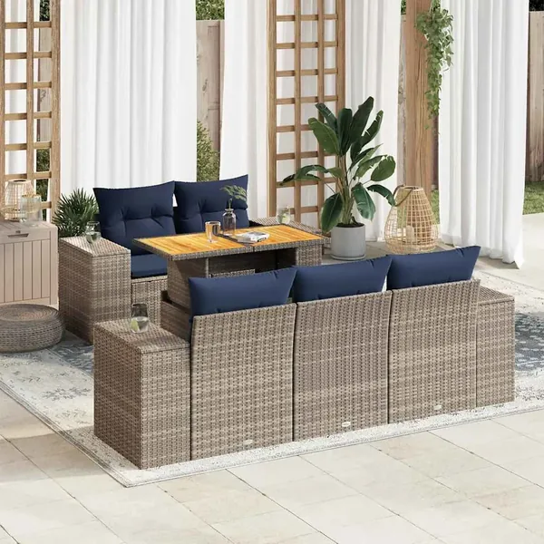 Salon de jardin 6 pcs avec coussins gris résine tressée