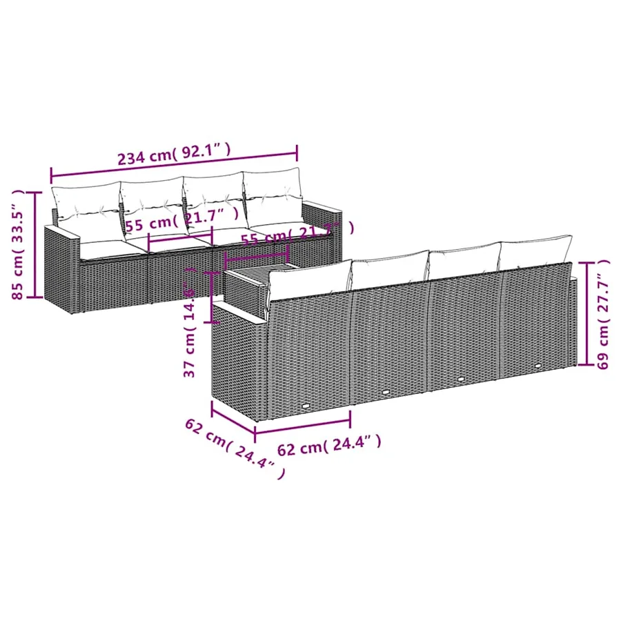 Ensemble de canapé de jardin 9 pcs avec coussins gris résine tressée - 7