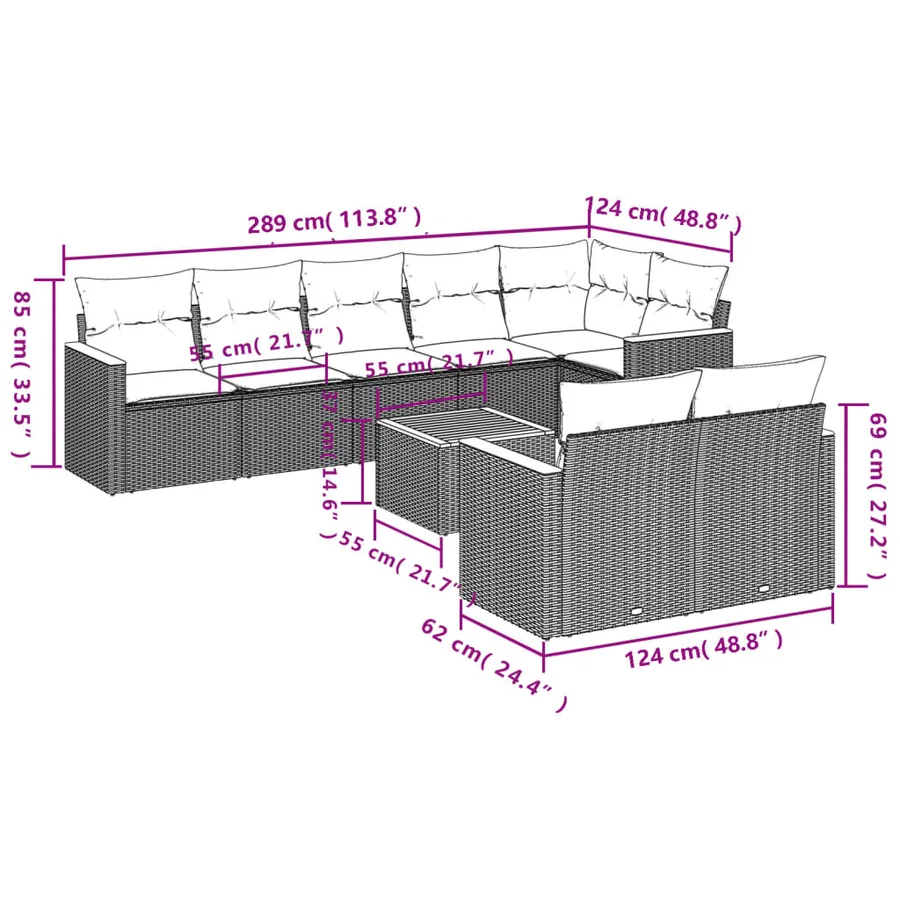 Ensemble de canapé de jardin 9 pcs avec coussins gris résine tressée - 8
