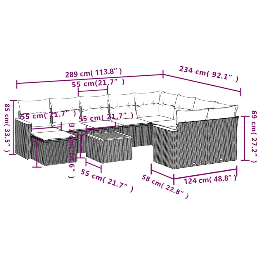 Ensemble de canapé de jardin 11 pcs avec coussins gris résine tressée - 9