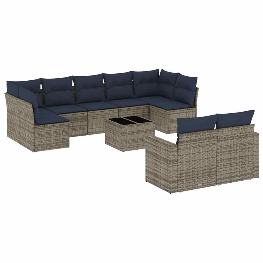 Salon de jardin 10 pcs avec coussins gris résine tressée - 2