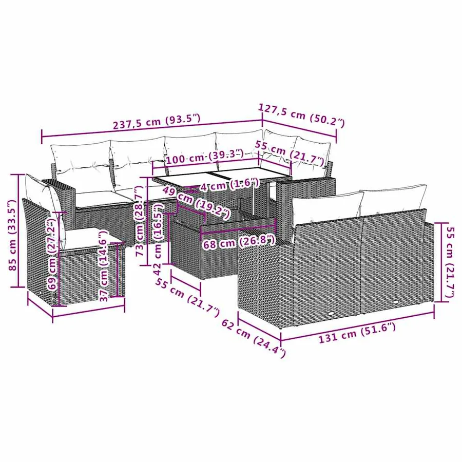 Ensemble de canapé de jardin 9 pcs avec coussins gris résine tressée - 10