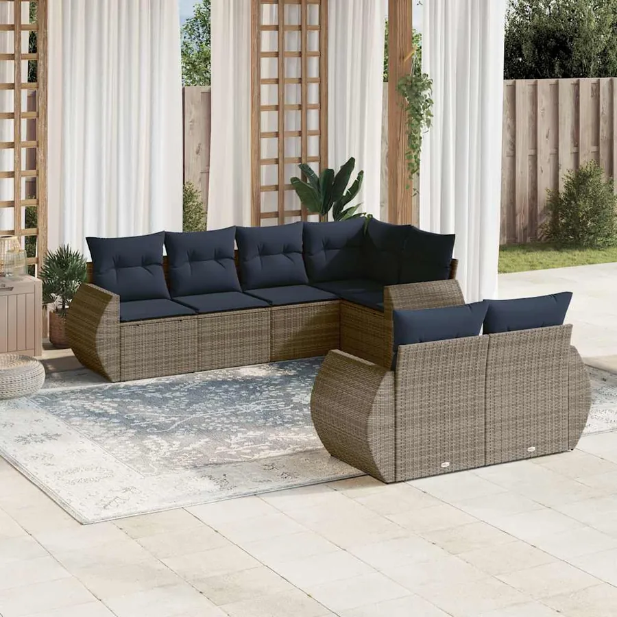 Ensemble de canapé de jardin 7 pcs avec coussins gris résine tressée