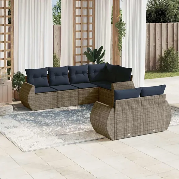 Ensemble de canapé de jardin 7 pcs avec coussins gris résine tressée