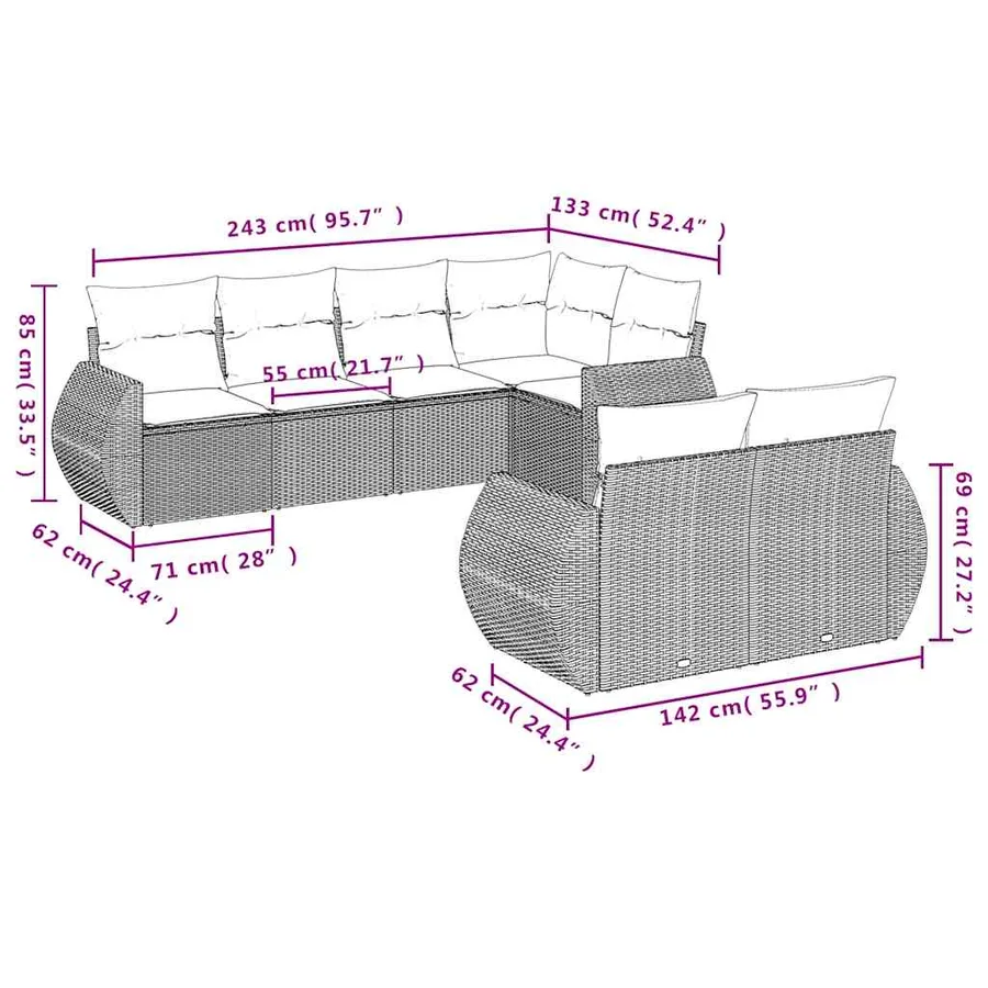 Ensemble de canapé de jardin 7 pcs avec coussins gris résine tressée - 7