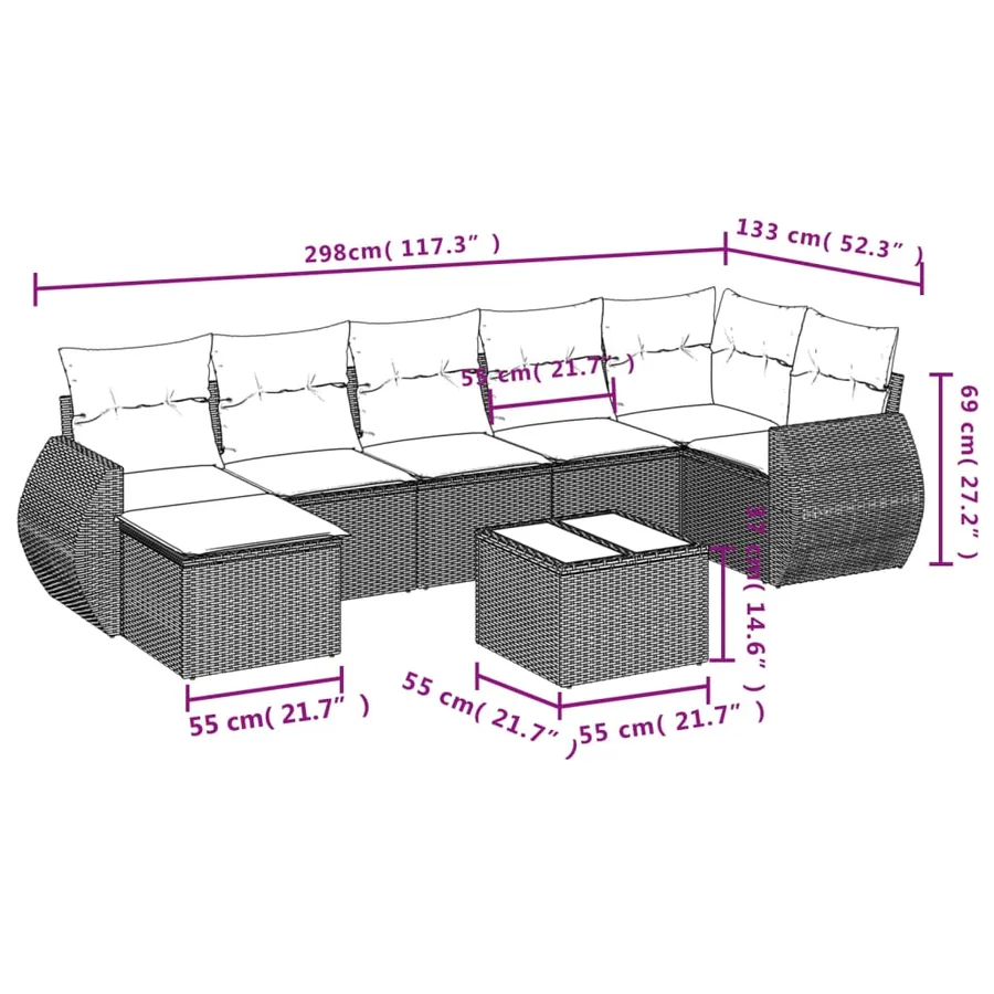 Ensemble de canapé de jardin 8 pcs avec coussins gris résine tressée - 9
