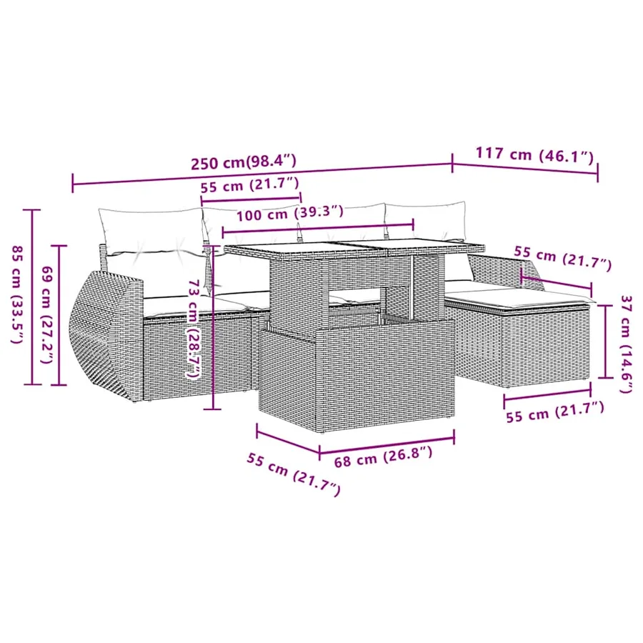 Ensemble de canapé de jardin 6 pcs avec coussins gris résine tressée - 10