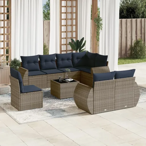 Ensemble de canapé de jardin 9 pcs avec coussins gris résine tressée