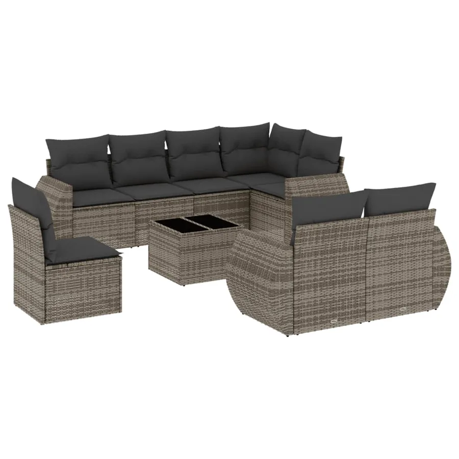 Ensemble de canapé de jardin 9 pcs avec coussins gris résine tressée - 2