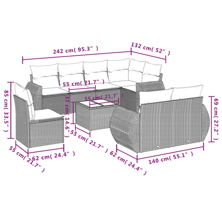 Ensemble de canapé de jardin 9 pcs avec coussins gris résine tressée - 8