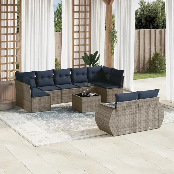 Ensemble de canapé de jardin 10 pcs avec coussins gris résine tressée