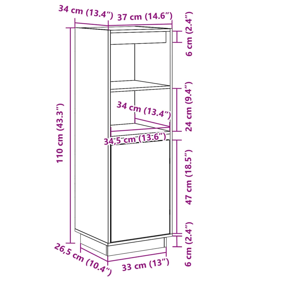 Buffet haut 37x34x110 cm Bois massif de pin - 11