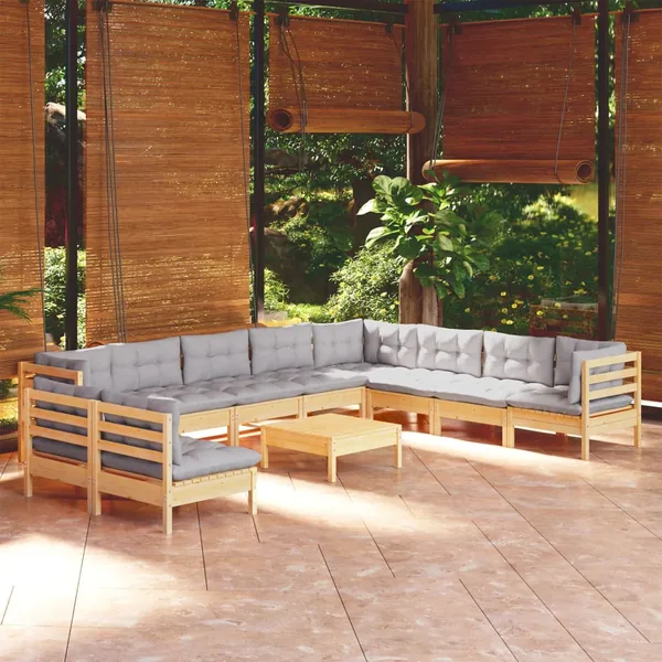 Salon de jardin 11 pcs avec coussins gris Bois de pin solide