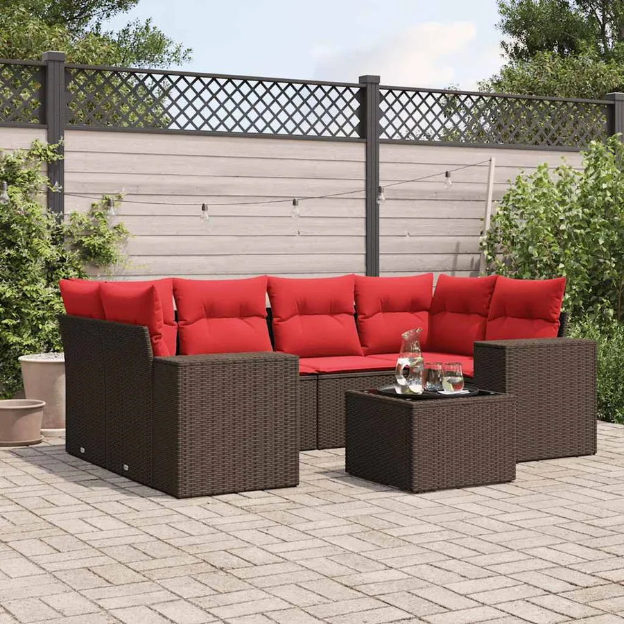 Ensemble de canapé de jardin 7 pcs avec coussins marron résine tressée
