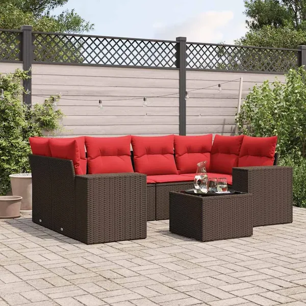 Ensemble de canapé de jardin 7 pcs avec coussins marron résine tressée