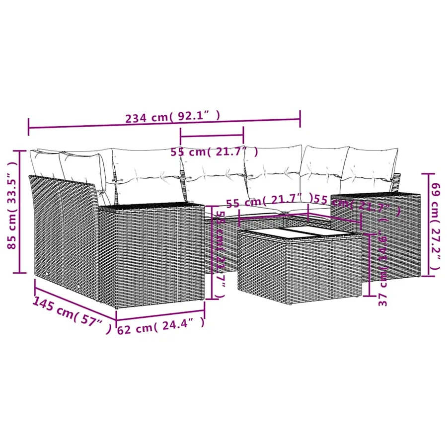 Ensemble de canapé de jardin 7 pcs avec coussins marron résine tressée - 8