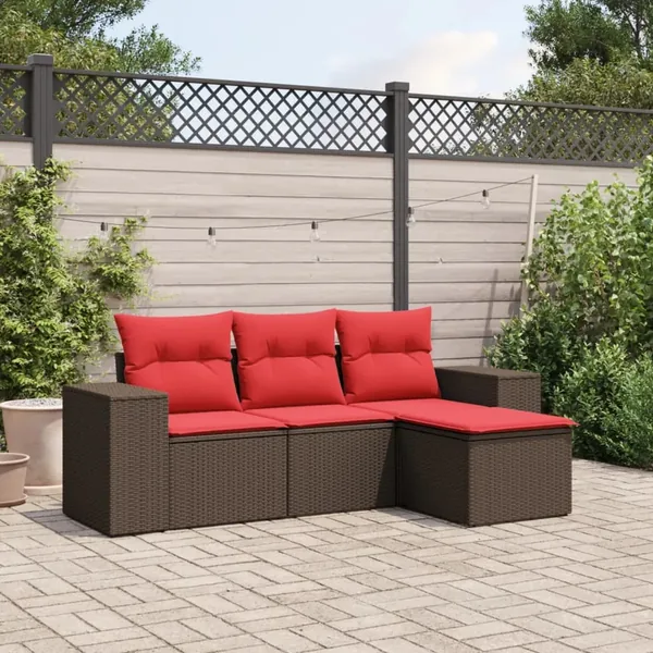 Ensemble de canapé de jardin 4 pcs avec coussins marron résine tressée