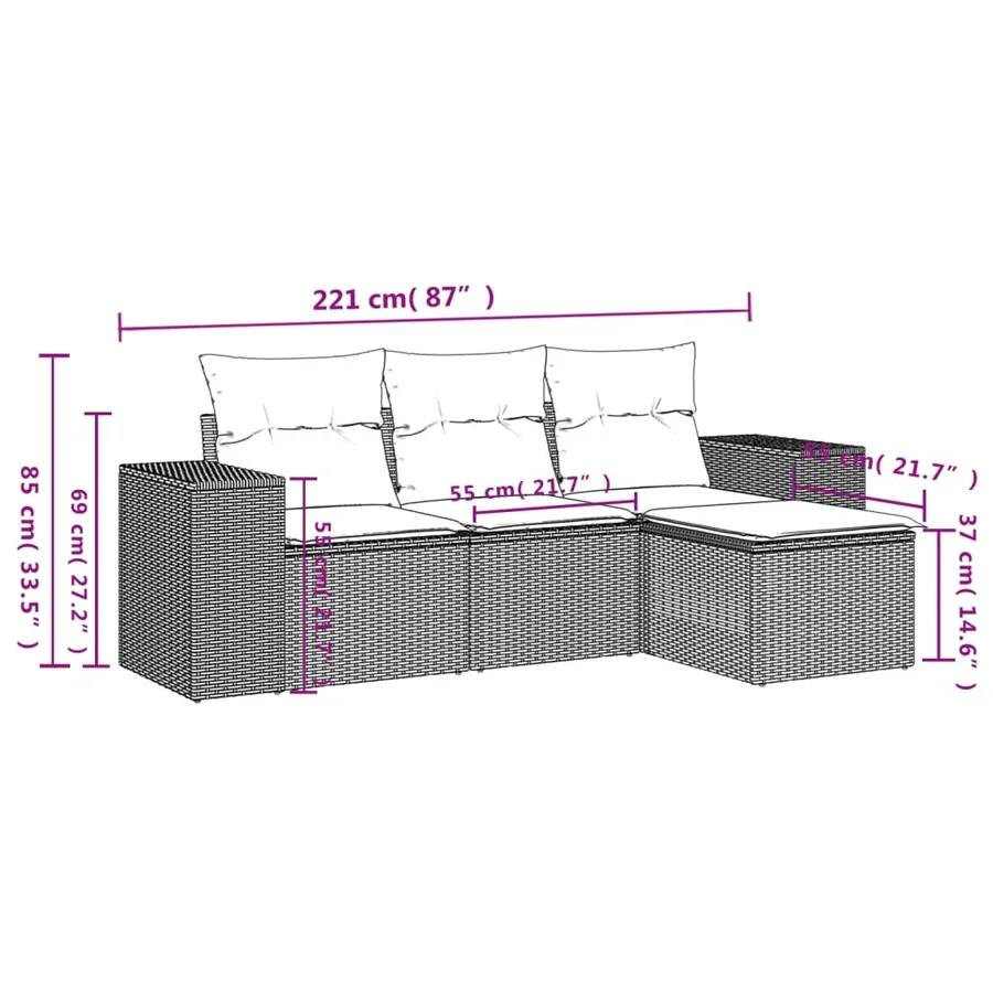 Ensemble de canapé de jardin 4 pcs avec coussins marron résine tressée - 8