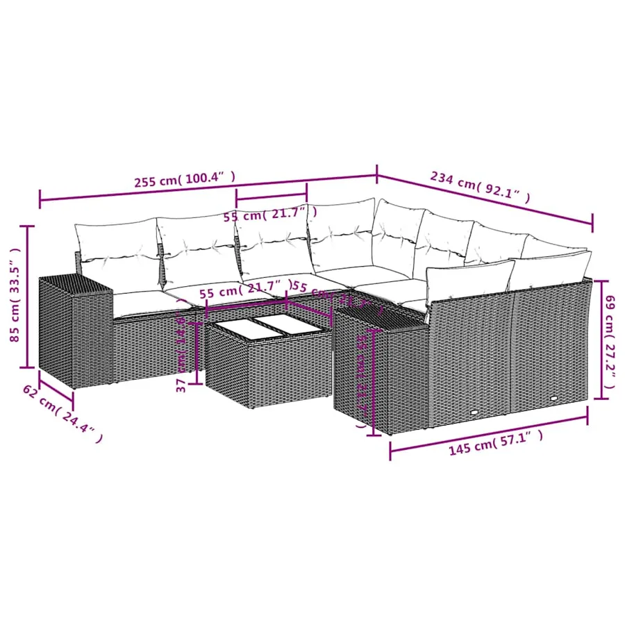 Ensemble de canapé de jardin 9 pcs avec coussins marron résine tressée - 8
