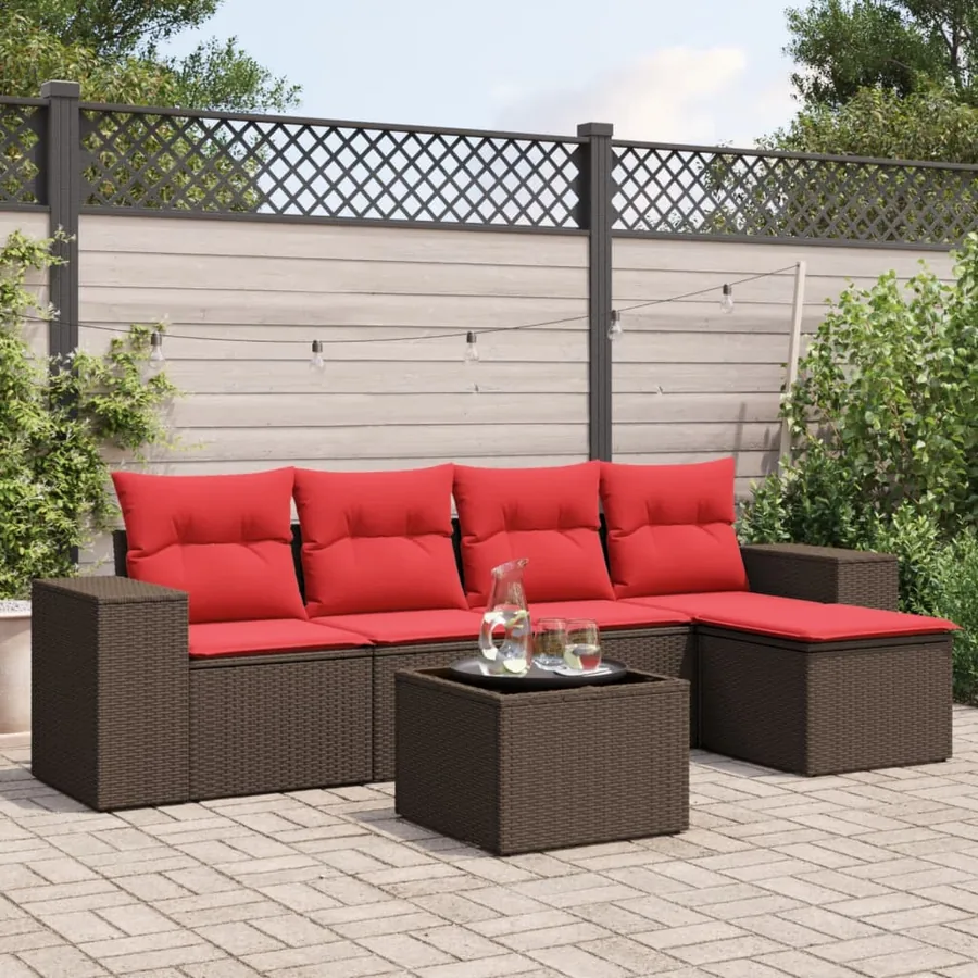 Ensemble de canapé de jardin 6 pcs avec coussins marron résine tressée