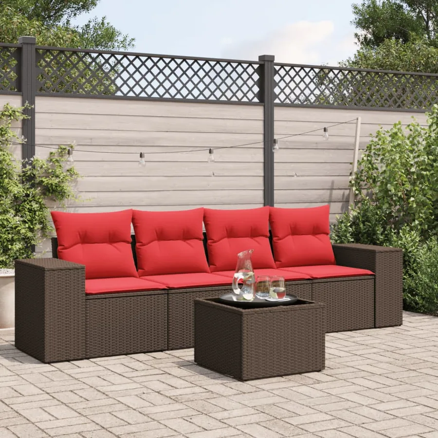 Ensemble de canapé de jardin 5 pcs avec coussins marron résine tressée