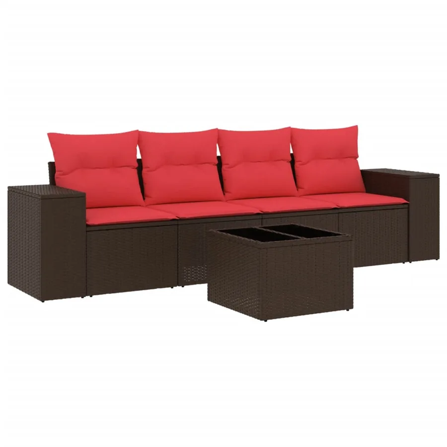 Ensemble de canapé de jardin 5 pcs avec coussins marron résine tressée - 2