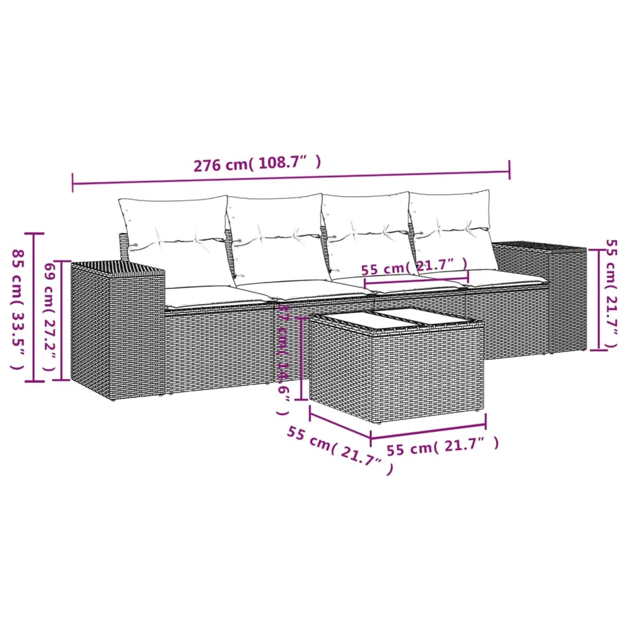 Ensemble de canapé de jardin 5 pcs avec coussins marron résine tressée - 8